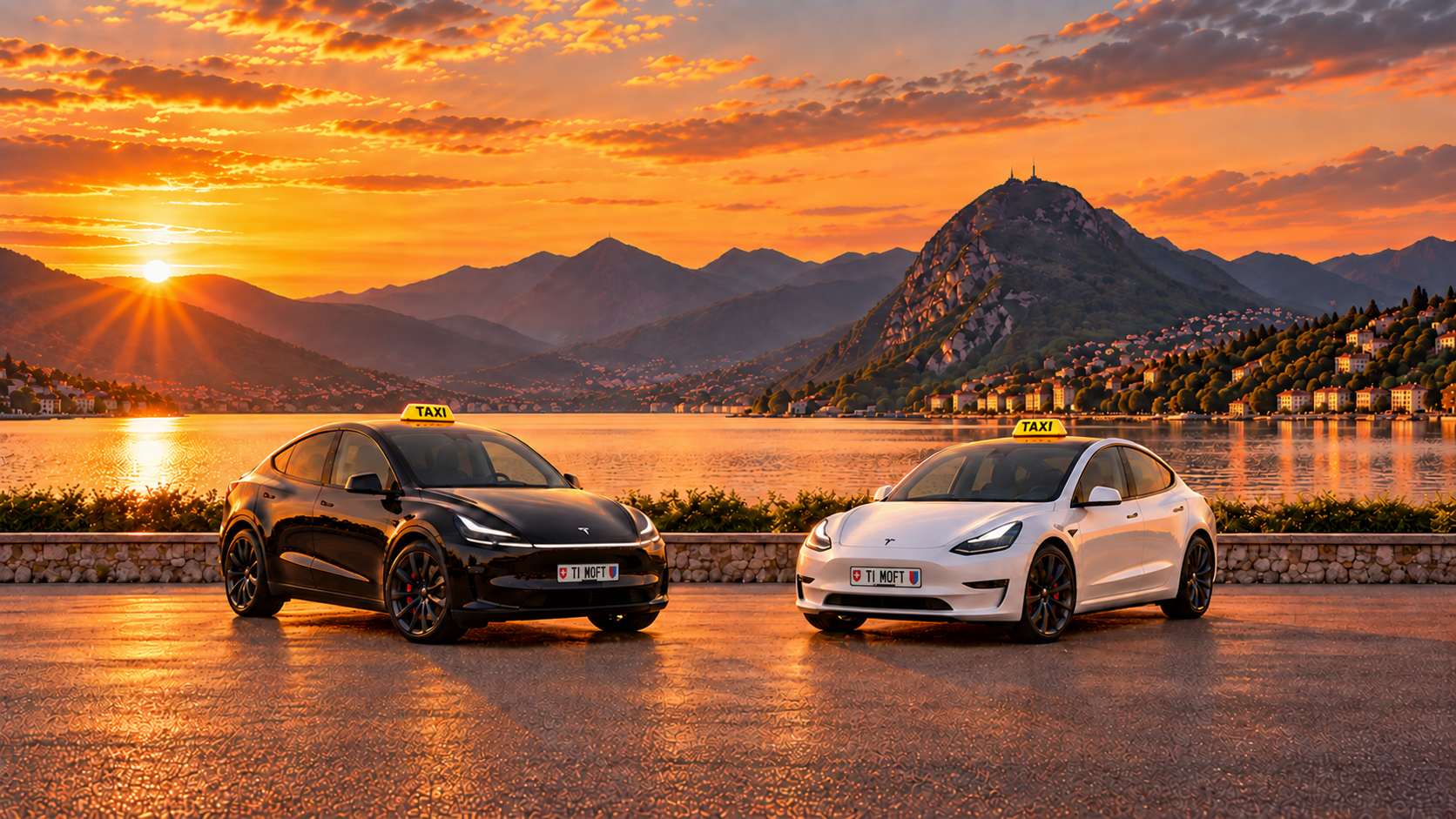 Tesla Model Y nera e Tesla Model 3 bianca con insegne taxi gialle sul Lago di Lugano al tramonto